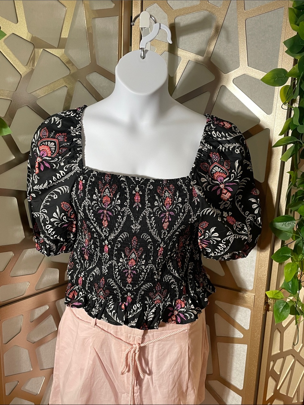 Ann Taylor Floral Square Neck Smocked Top, Black, M